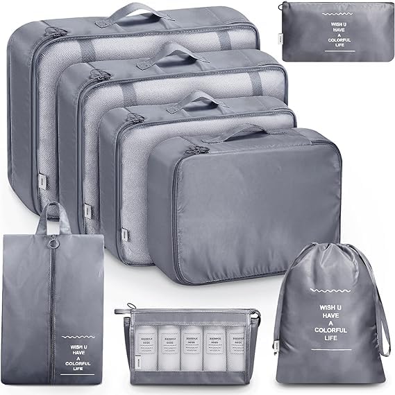 Flyngo 8 Pcs Travel Organizer Pouch Packing Cubes For Clothes Space Savers Bags Cosmetics/Underwear/Socks/Shoes Toiletry Bag Laundry Organiser (Grey) - Nylon