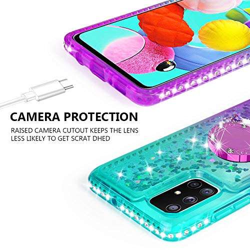 SOGA Rhinestone Liquid Quicksand Cover Cute Girl Phone Case Compatible for Samsung Galaxy A51 Case with Embedded Ring for Magnetic Car Mounts and Lanyard - Purple/Teal 5