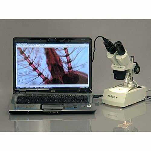 AmScope SE305R-PZ-E2 Digital Forward-Mounted Binocular Stereo Microscope, WF10x and WF20x Eyepieces, 10X/20X/30X/60X Magnification, 1X and 3X Objectives, Upper and Lower Halogen Lighting, Reversible Black/White Stage Plate, Pillar Stand, 120V, Includes 2MP Camera and Software 2