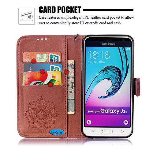 Galaxy J3 (2016) Case, Galaxy Amp Prime Case, Galaxy Express Prime Case, Galaxy Sol Case, JanCalm [Wrist Strap] Premium PU Leather [Multi Card/Cash Slots] Stand Flip Cover with Pen (Brown) 2