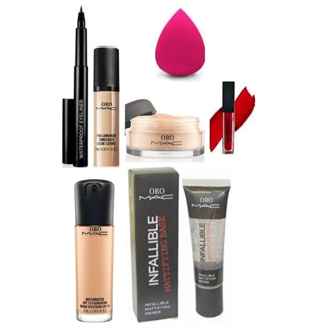 ORO-MAC Beauty Combo Infallible Mattifying Face Gel Primer,Matchmaster Foundation,With,Pro Longwear Concealer,Red Lipstick,Waterproof Sketch Eyeliner,Loose Face Powder And Makeup Blender (Set of-7) 1