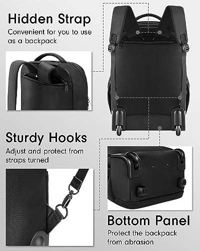 MATEIN Rolling Backpack, Travel Laptop Backpack with Wheels Fits 17 Inch Computer, Water Resistant Large Roller Carry On Luggage Wheeled Backpack, Trolley Overnight Work Business College Bag, Black 5