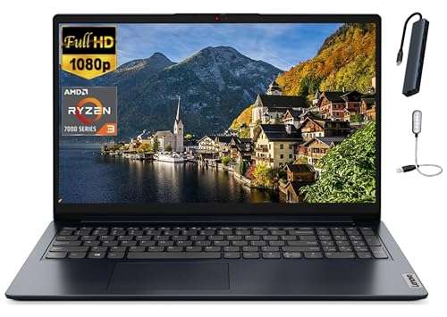 Lenovo Ideapad 1 15.6 inch FHD Laptop, AMD Ryzen 3 7320U, 8GB LPDDR5 RAM, 512GB SSD, Wi-Fi 6, SD Card Reader, Webcam, Windows 11 Home, Abyss Blue with Accessories
