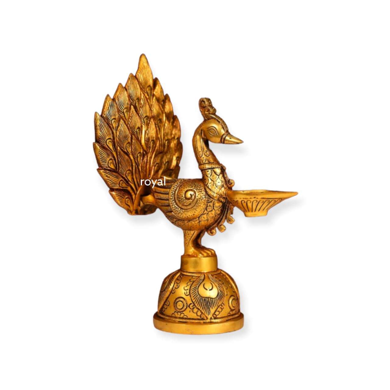 IYI MERCHANT Brass Peacock Diya Stand | Golden Color Peacock Brass Diya Stand for 1 Wick | LxWXH - 20.32 x 16.51 x 31.7 cm, Wt. - 3.5 Kg 1
