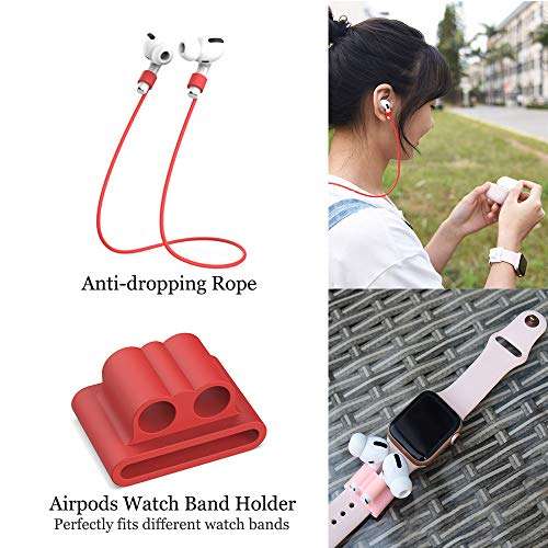 AirPods Case 5 in 1 Set Compatible Airpods Pro 3 2019 Charging Case Cover [Front LED Visible] Protective Silicone and Skin with Ear Hook/Keychain/Strap/Zipper Box (Airpods Pro 2019, Red) 5