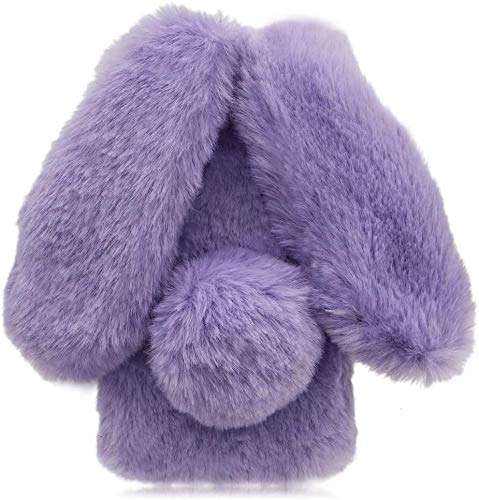 LCHDA Rabbit Case for Samsung Galaxy A51,Rabbit Fur Bunny Ear Case for Girls Fuzzy Cute Warm Winter Soft Furry Fluffy Ball Fur Hair Plush Protective TPU Bumper Skin Cover for Samsung Galaxy A51-Purple 2