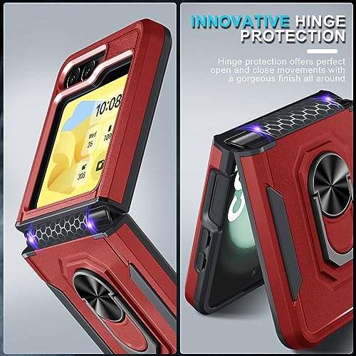 Janmitta case for Samsung Galaxy Z Flip 5 Case Built in Front Screen Protector+Hinge Protection+Finger Ring Metal Kickstand,Heavy Duty Shockproof Full Body Protective Cover,2023 Red 3