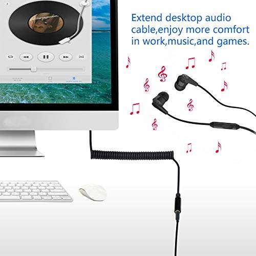 CERRXIAN 3.5mm Extension Cable, 90 Degree Right Angle 3.5mm Male to Female Jack 4 Pole Extension Aux Audio Coiled Spiral Cable(Black) 5