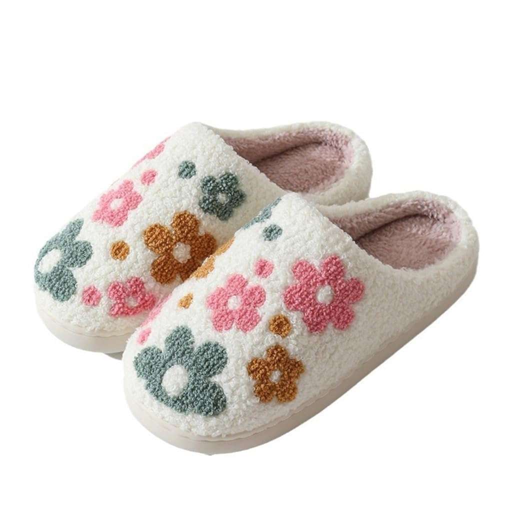 Furry House Slippers for Women/Men Warm Indoor Non-Slip Winter Shoes Flower Slippers Indoor Shoes 1