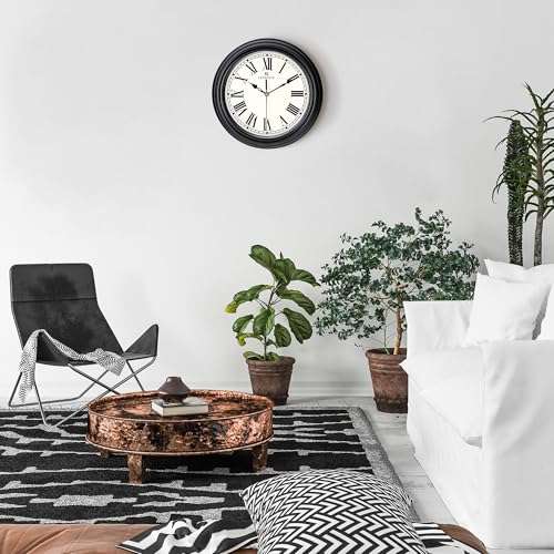 Lafocuse 12 Inch Black Wall Clock Roman Numerals, Silent Analog Wall Clock Battery Operated for Kitchen Living Room Bedroom, Retro Home Décor 3