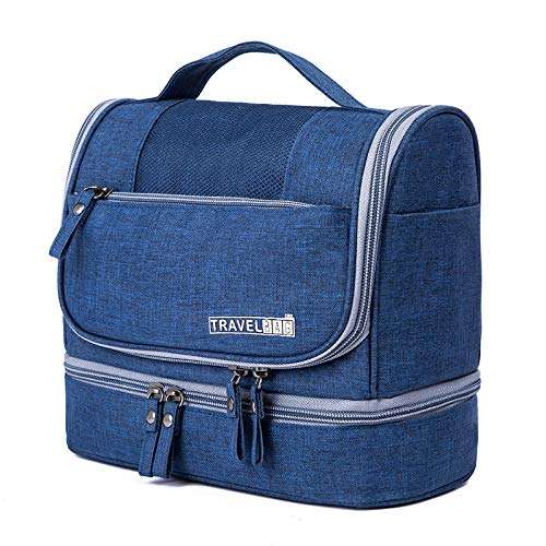 Waterproof Travel Toiletry Bag Hanging Makeup Bag for Men Women Large Bottom Compartment and Multi-Pockets Perfect Size Portable Travel Accessories Organizer Cosmetic Bag (Dark Blue)