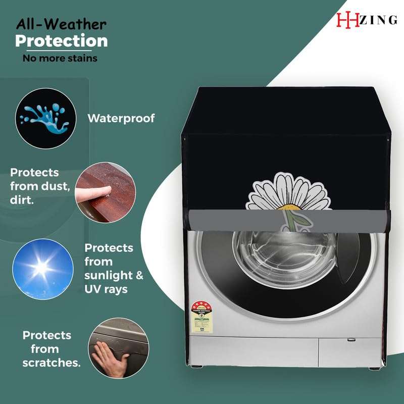 HIZING Waterproof Washing Machine Cover Front Load/Dishwasher, Universal Compatible/Suitable for - 6.5 Kg, 7 Kg, 7.5 Kg, 8 Kg Bosch/LG/Samsung/Whirlpool/LLYOD/Godrej Solid Black Sunflower Print 3