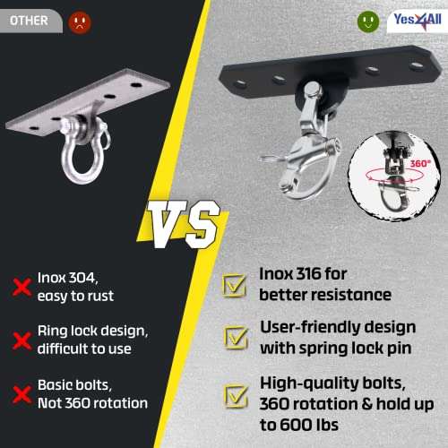 Yes4All Wall Ceiling Mount Hook 360° Rotation, 600 lbs Capacity Punching Bag Hangers, Heavy Bag Mount for Yoga, Chair, Boxing Bag, Indoor & Outdoor Gym - Smart Design, Easy to Use, Fit Most Ceiling 4