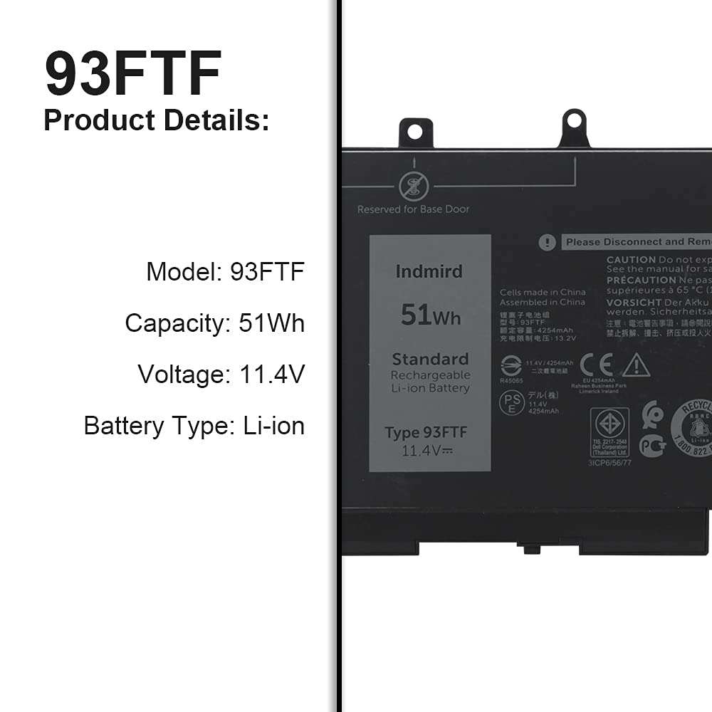 INDMIRD 93FTF Laptop Battery for Dell Latitude 5280 5480 5580 5290 5490 5590 Series Replacement D4CMT 4YFVG 83XPC 083XPC 11.4V 51Wh New 2