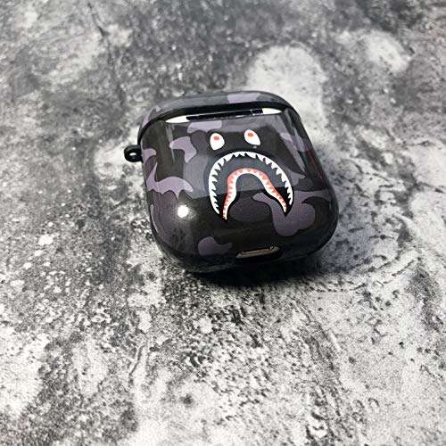 Shark Teeth Camo Softshell Silicone AirPods IMD Case for 1st & 2nd Gen AirPods Charging & Wireless Charging Case Protective Cover and Skin Supreme Gift Bape Boy Girl [NO Button Cutout] (Dark Gray) 3