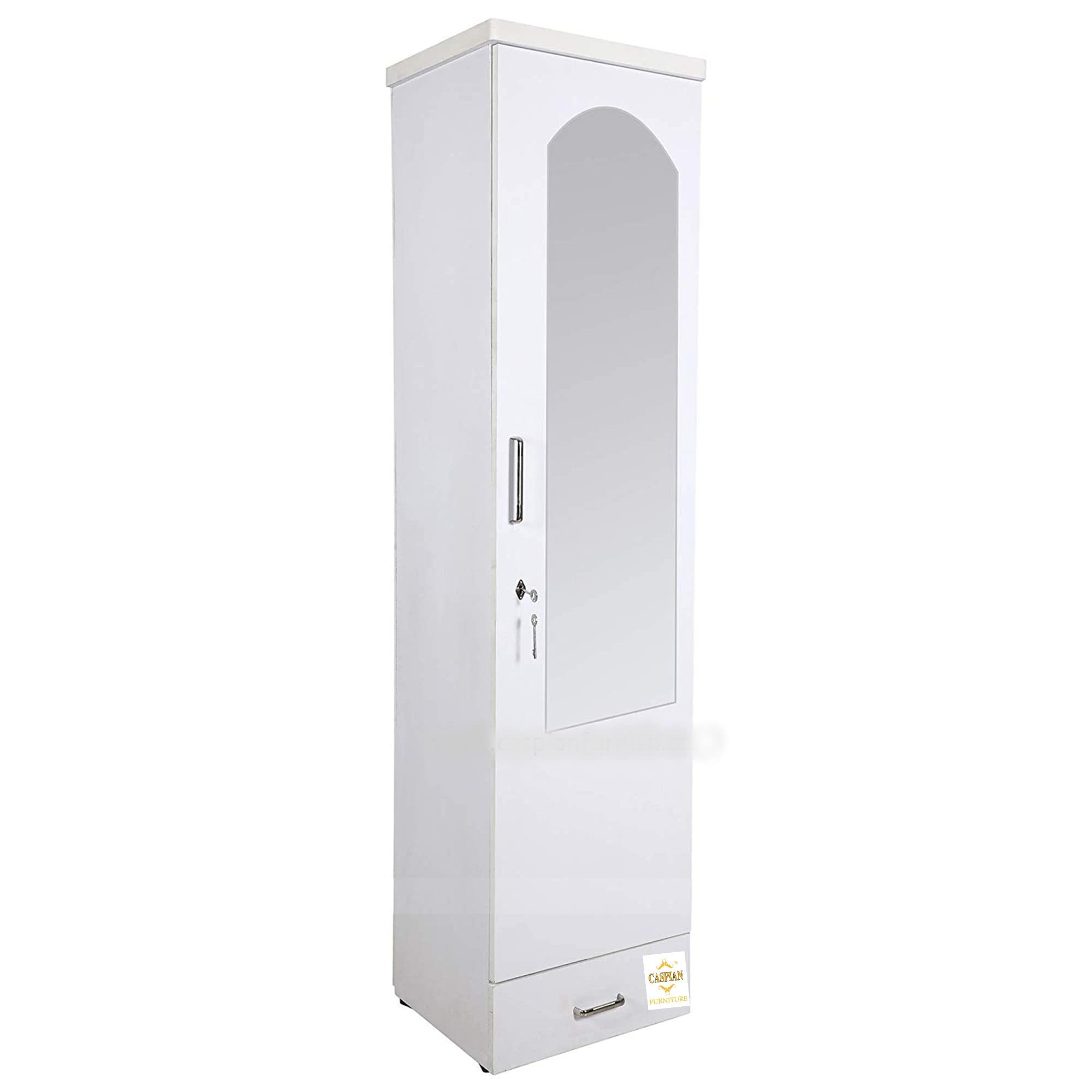 CASPIAN Engineered Wood Single Door Wooden Wardrobe (White) | Pre-Assembled Furniture with Dressing Mirror | Cupboard/Almirah for Bedroom Clothes Storage Organizer with 3 Shelves, Key Lock, Drawers