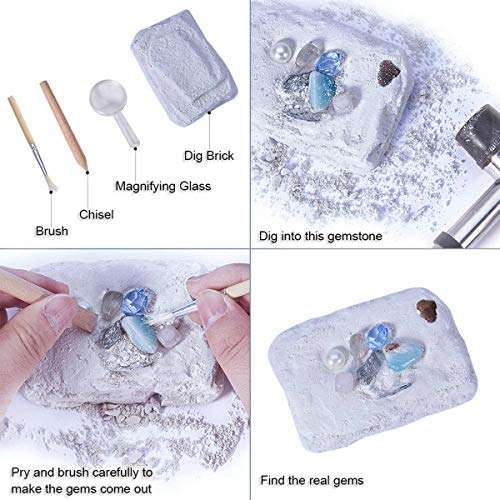 Gemstone Crystal Rock Dig Kit - Science Experiments Toy, Great Educational STEM Gift, Excavate 20 Real Gems Fossils Treasure Geode, Age 4 5 6 7 8 9 10 11 12 Year Old for Kids Boys Girls 4
