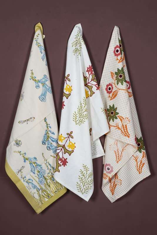 CONTRAST LIVING Sunita Hand Block Printed Kitchen Towel/Dish Towel/Hand Towel Multi Color Set of 3 Pcs 1