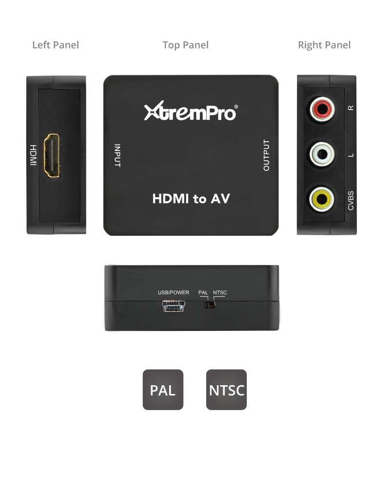 XtremPro HDMI to AV Converter, HDMI to RCA, 3RCA 1080P AV Cvbs Composite Video Audio Converter Adapter Supt Pal, NTSC, USB Charge Cable for HD Camara, PC, Laptop, HD DVD, Projector Etc - Black (61085) 3