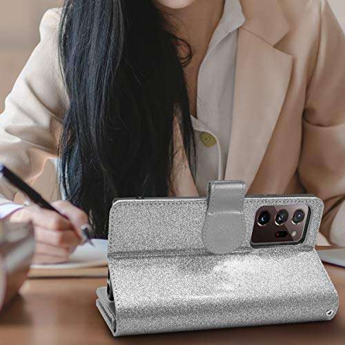 Newseego Compatible with Samsung Galaxy Note 20 Ultra Leather Case, Glitter Faux PU Leather Magnetic Closure Multi-Credit Card Slot Cash Holder Detachable 2 in 1 Wallet Cover with Wrist Strap-Silver 6