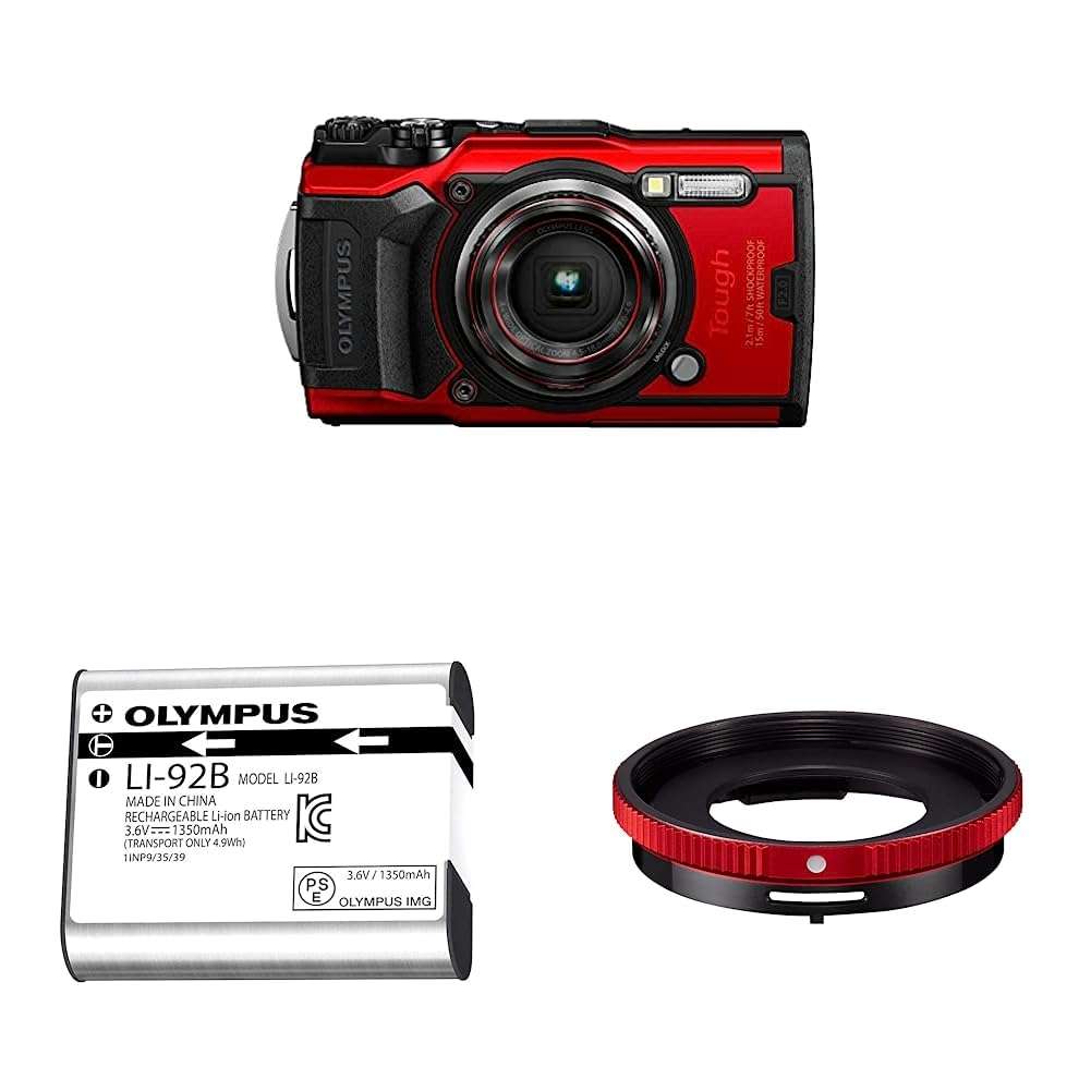 OM System Olympus TG-6 Red Underwater Camera, Waterproof, Freeze Proof, High Resolution Bright, 4K Video 44x Macro Shooting & Li-92B Rechargeable Battery (Silver) & CLA-T01 Conversion Lens Adapter