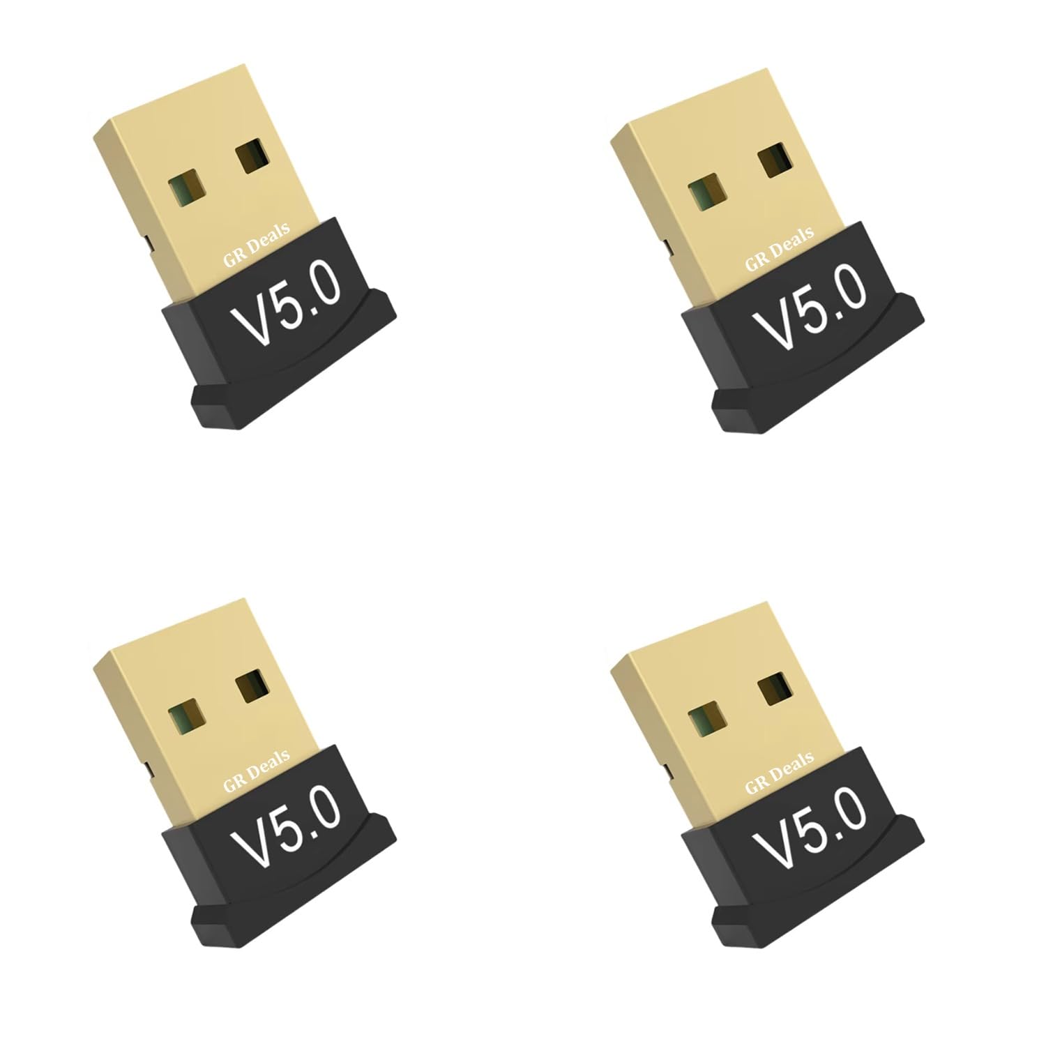 GR Deals USB Bluetooth Adapter for PC, 5.0 Bluetooth Dongle Receiver Supports Windows 11/10/8.1/7 for Desktop, Laptop, Mouse, Keyboard, Printers, Headsets, Speakers. Black. (Pack of 4)