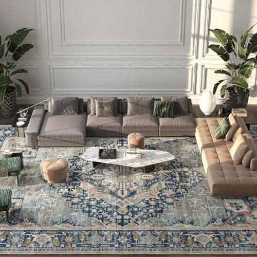 Vamcheer Washable Area Rug 5x7 - Ultra-Thin Classic Chenille Rugs for Living Room Bedroom Dining Room Traditional Carpet for Office Kitchen Non Slip Blue-Green Outdoor Vintage Rug 5