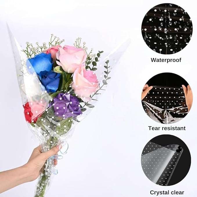 Saksham Clear Transparent White Polka Dot Cellophane Wrapping Roll Pack of 2 (20m x 70cm) | Perfect for Hampers, Crafts, Gift Wrap | Transparent gift wrapping sheets | Get 3 Free Pull Bow Ribbons 3