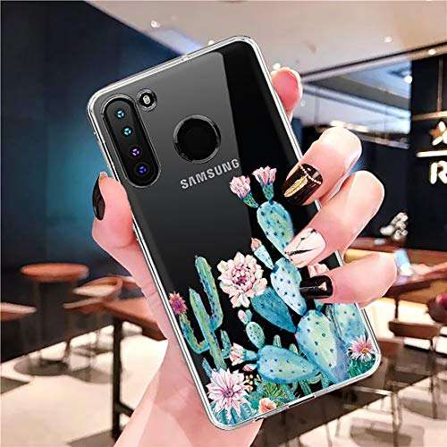 Sidande Case for Galaxy A21, Samsung A21 Case for Girls Women, Shockproof Clear Floral Soft Flexible TPU Slim Phone Protective Case Cover for Samsung Galaxy A21 (Cactus) 4