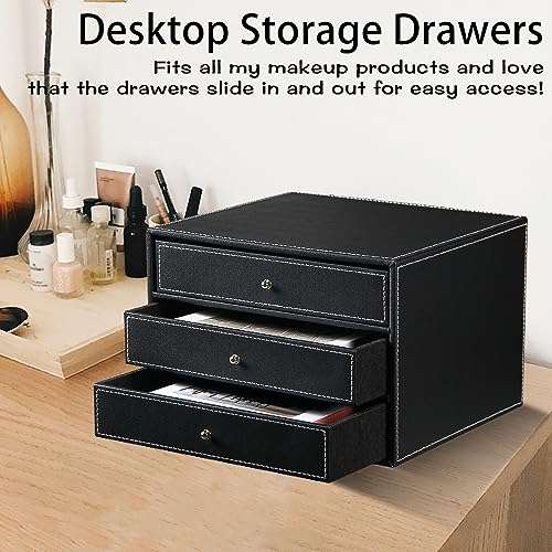 PU Leather Desktop Organizer with Drawers,3 Drawer Office Desk Organizer,Desktop Storage for Office Supplies/A4 Paper/Magazine/Book,for Office School Home.Black 6