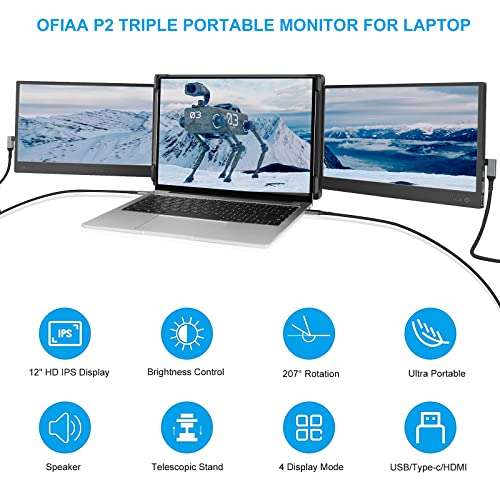Portable Monitor for Laptop, Triple Screen Extender for PC, 12 Inch 1080P Extra Laptop Screens for 13"-16" Mac Windows Chrome Laptops 2