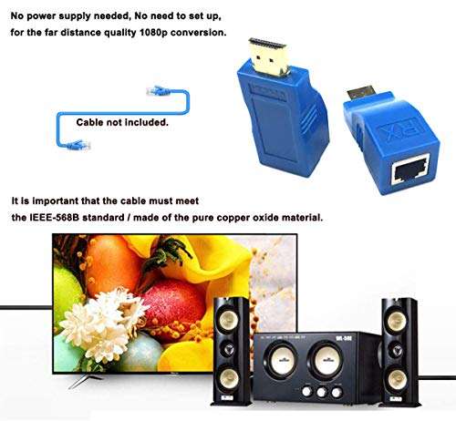 HDMI Extender, Juerly HDMI to RJ45 Ethernet Network Converter Over by Cat5-e/6 Cable Splitter 1080p up to 30m/98ft Repeater for HDTV HDPC PS4 STB 3