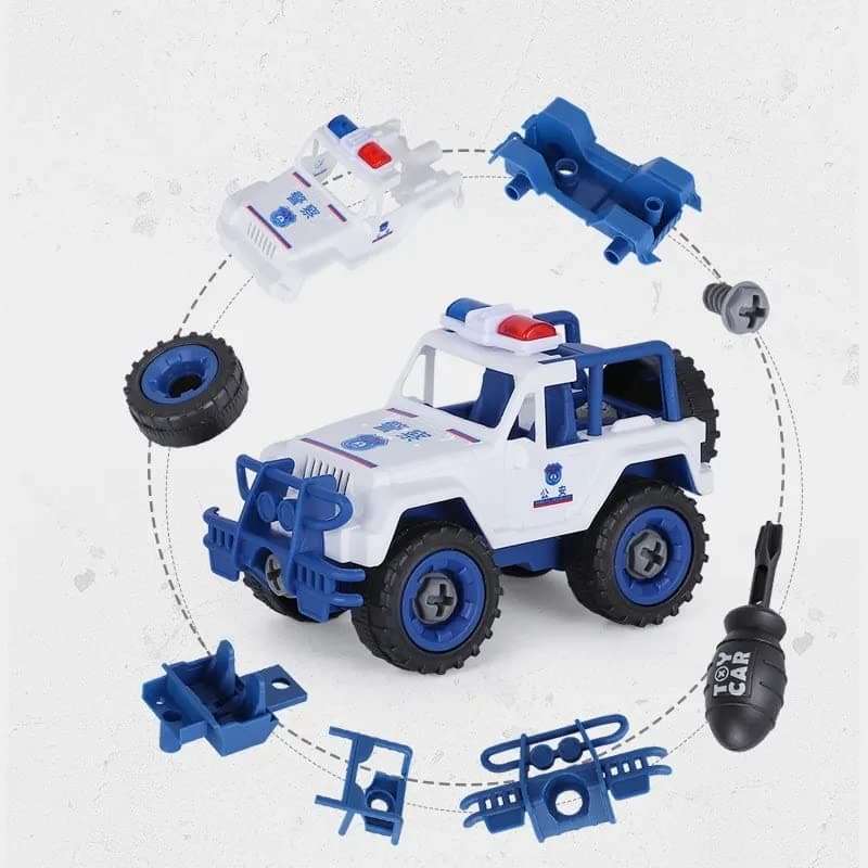 TEC TAVAKKAL Pull Back City Police Vehicle Set of 4 DIY Take Apart Toys With 1 Screwdriver Tool - Kids Building Cars Birthday Gift for Boys and Girls Toddlers, Blue, White 4