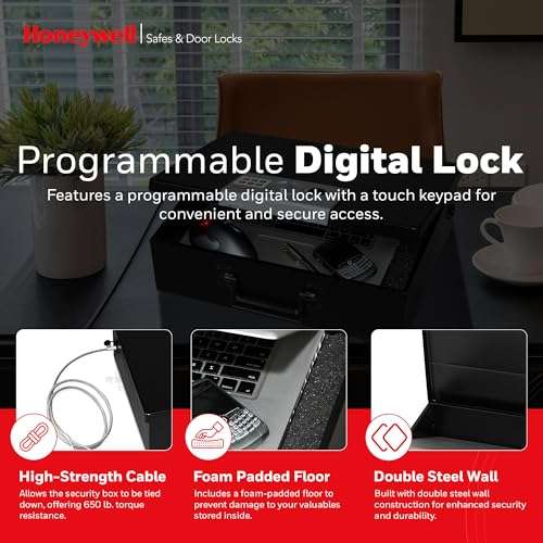 Honeywell Safes & Door Locks - Hideable Money Safe Box with Carry Handle - Fire Resistant Safe Document Box for Home - Metal Box with Digital Lock for Personal Items, Jewelry - 0.48-Cu - Black - 6110 6