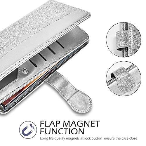 Newseego Compatible with Samsung Galaxy Note 20 Ultra Leather Case, Glitter Faux PU Leather Magnetic Closure Multi-Credit Card Slot Cash Holder Detachable 2 in 1 Wallet Cover with Wrist Strap-Silver 5