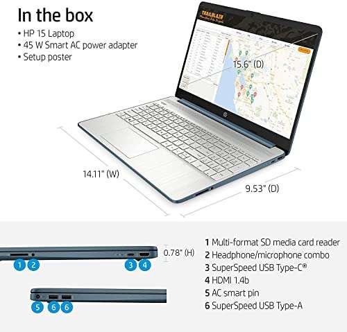 HP 15 15.6" FHD IPS Laptop, AMD Ryzen 5 5500U (6-core, 4.0 GHz), Webcam, USB-C, HDMI, AMD Radeon Graphics, Blue, Full-Size Keyboard, Windows 11, Bundled with HDMI Cable (8GB RAM | 512GB SSD) 3