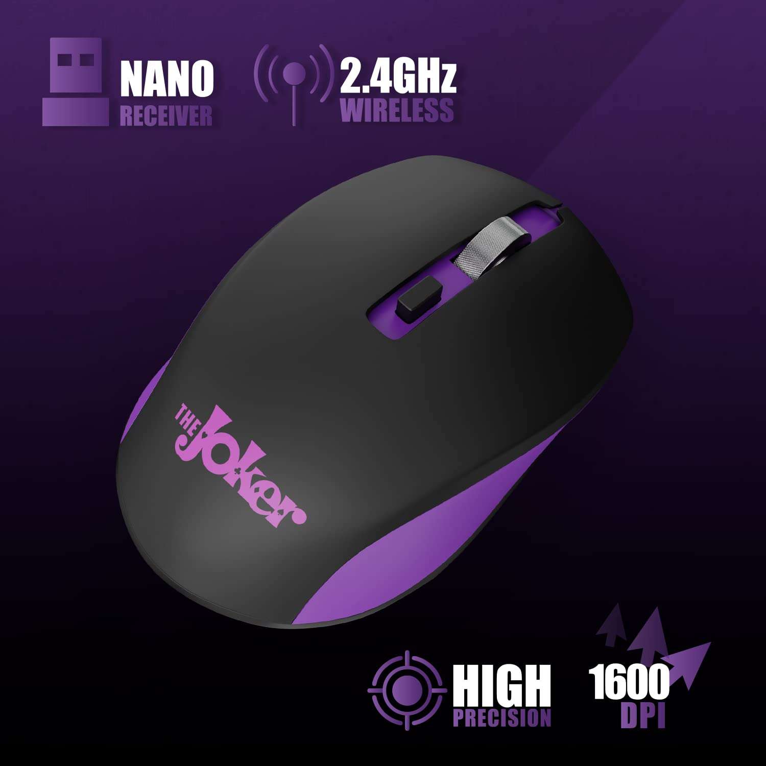 ZEBRONICS DC Joker Edition Jaguar Silent Wireless Mouse for Computer, Laptop with 1600 DPI max, Switch Control, Power ON/Off, Plug & Play Usage, 2.4GHz Nano Receiver and Lightweight 6