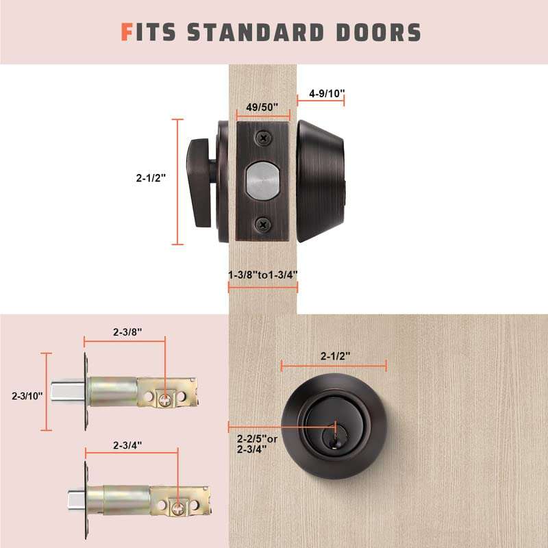 Door Deadbolt Single Cylinder Deadbolt in Oil Rubbed Bronze, Thumb Turn Button Inside and Key Outside Deadbolt Key Lock 5