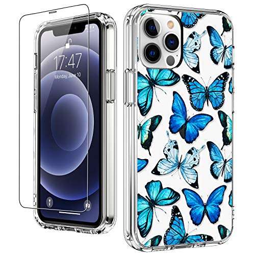 LUHOURI Designed for iPhone 12 Pro Max Case with Screen Protector - Crystal Acrylic Clear for Women and Girls - Slim Fit Protective Phone Cover 6.7" - Floral Blue Butterflies 1