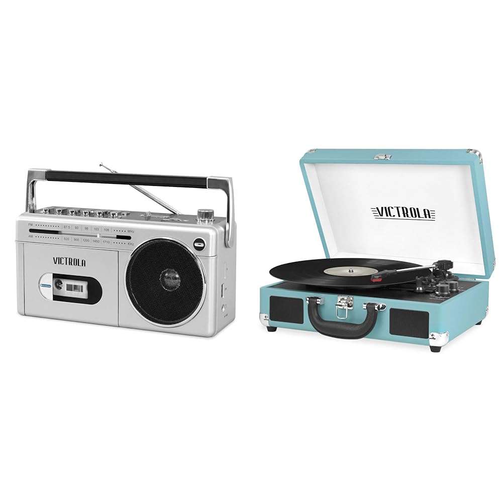 Victrola VBB-25-SLV Mini Bluetooth Boombox Cassette Player Bundle with VSC-550BT-TQ Vintage Suitcase Turntable 1