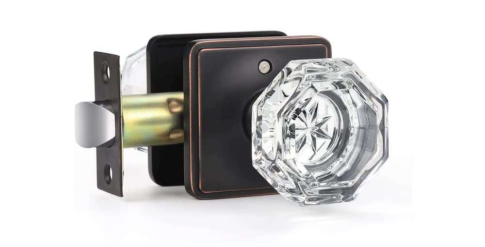 KNOBWELL 5 Pack Privacy Glass Door Knobs Interior Oil Rubbed Bronze, Keyless Door Knob with Lock Bedroom, Octagon Indoor Door Knob Set 1