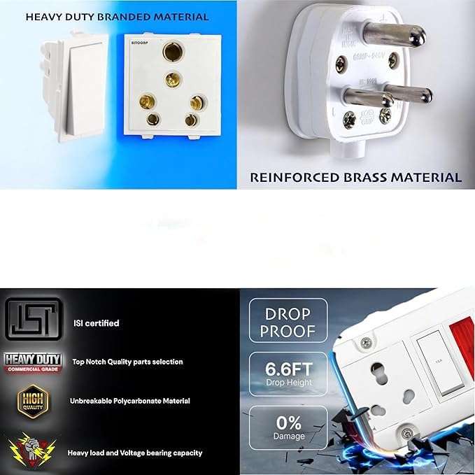 16A Extension Board Combined 1 Socket 1 Switch, 2500W Power Strip with Surge Protector, 1 Meter Electric Cord for Home, Office, PC, Cooler, Fridge, Gadgets (1 Meter) 5