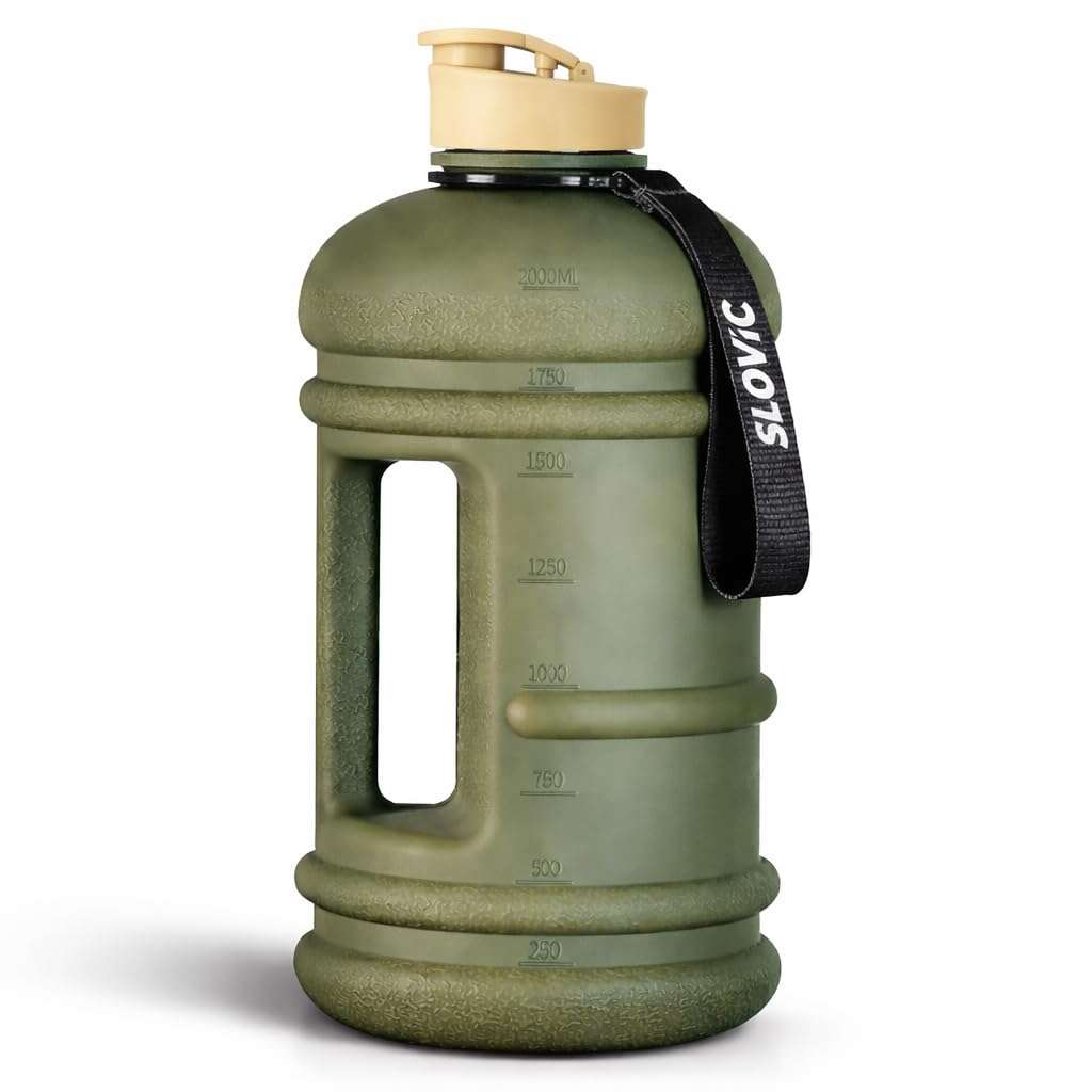 SLOVIC Gallon Water Bottle 2 + Litre | Gym Motivational Sipper Water Bottle for Adults | 100% BPA Free & Leakproof | 2 Litre Sipper for Men & Women with Ergonomic Handle | Dark Green | 2200 ML 1