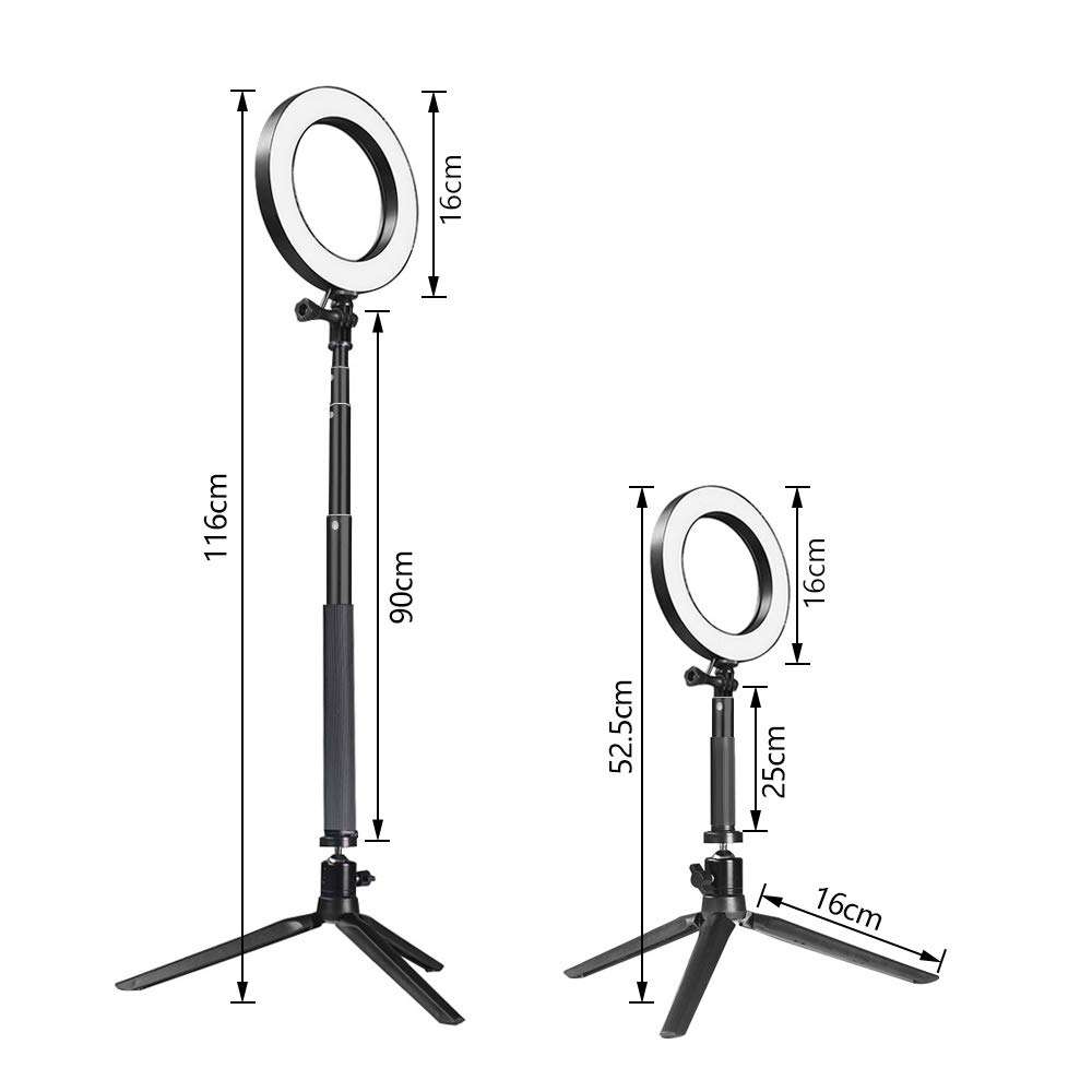 Fonrest LED Ring Light with Stretchable Tripod Stand Selfie Stick, 6-inch Dimmable Floor/Table Annular Lamp for Selfie, Makeup, Live Stream, YouTube, Vlog, Camera/Phone Video Shooting USB Plug 5