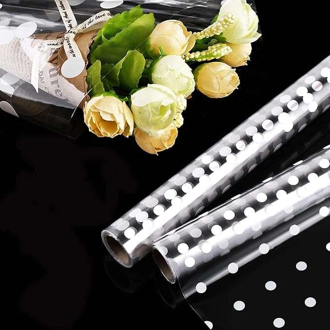 Saksham Clear Transparent White Polka Dot Cellophane Wrapping Roll Pack of 2 (20m x 70cm) | Perfect for Hampers, Crafts, Gift Wrap | Transparent gift wrapping sheets | Get 3 Free Pull Bow Ribbons 5