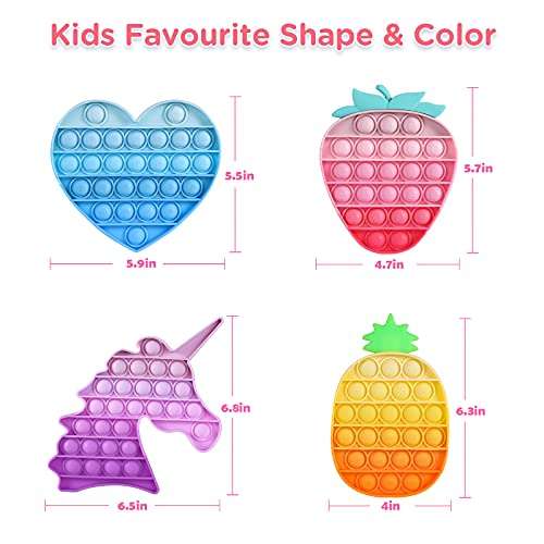 HiUnicorn 4 Pack Poppers Pop Sound Fidget Toys Gifts for Girls, Rainbow Unicorn Push Bubble Popping Game Toy, Macaron Pineapple Strawberry Fruits Sensory Toys (Yellow+Pink+Blue+Purple) 6