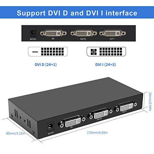 VPFET DVI Splitter 1x2 DVI 1 in 2 Out 2Port DVI Distribution Duplicator Splitter Supports Resolution up to 4K2K/30Hz Automatically Copy EDID 5