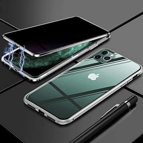 Privacy Magnetic Case for iPhone 11 Pro Max, Anti Peeping Clear Double Side Tempered Glass [Magnet Absorption Metal Bumper Frame] Thin 360 Full Protective Phone Case for iPhone 11 Pro Max 6.5'' Silver 6