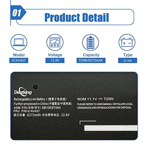 Dentsing 01AV427 61++ Laptop Battery Compatible with Lenovo Thinkpad T480 4X50M08812 01AV424 T470 A485 01AV422 Series Notebook A475 T570 T580 TP25 P51S P52S 01AV425 01AV428 SB10K97584 12.6V 72Wh 2