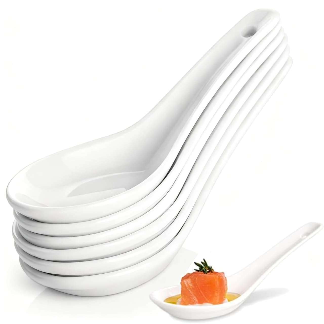 ZXORC Asian Ceramic Soup Spoons Set of 6 | Premium White Chinese Style Ceramic Spoons for Soup, Ramen, Pho, Noodles & Rice | Durable, Heat-Resistant Serving Spoons for Home, Kitchen & Restaurant Use